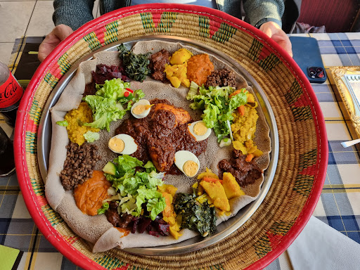 Doro Wot platter with injera and sides