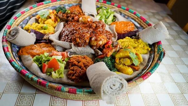 Injera platter with stews